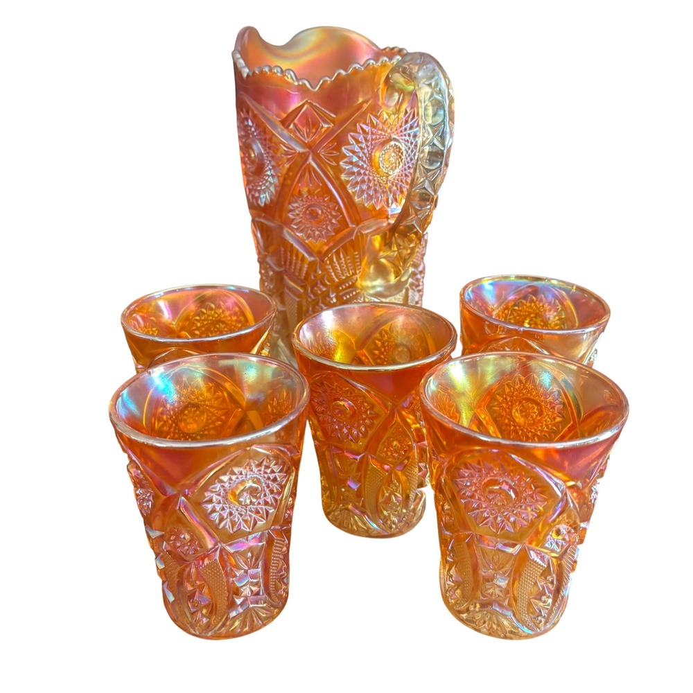 Imperial Glass Crab Claw Marigold Carnival Glass Pitcher 5 Cups Tumblers Set Vtg